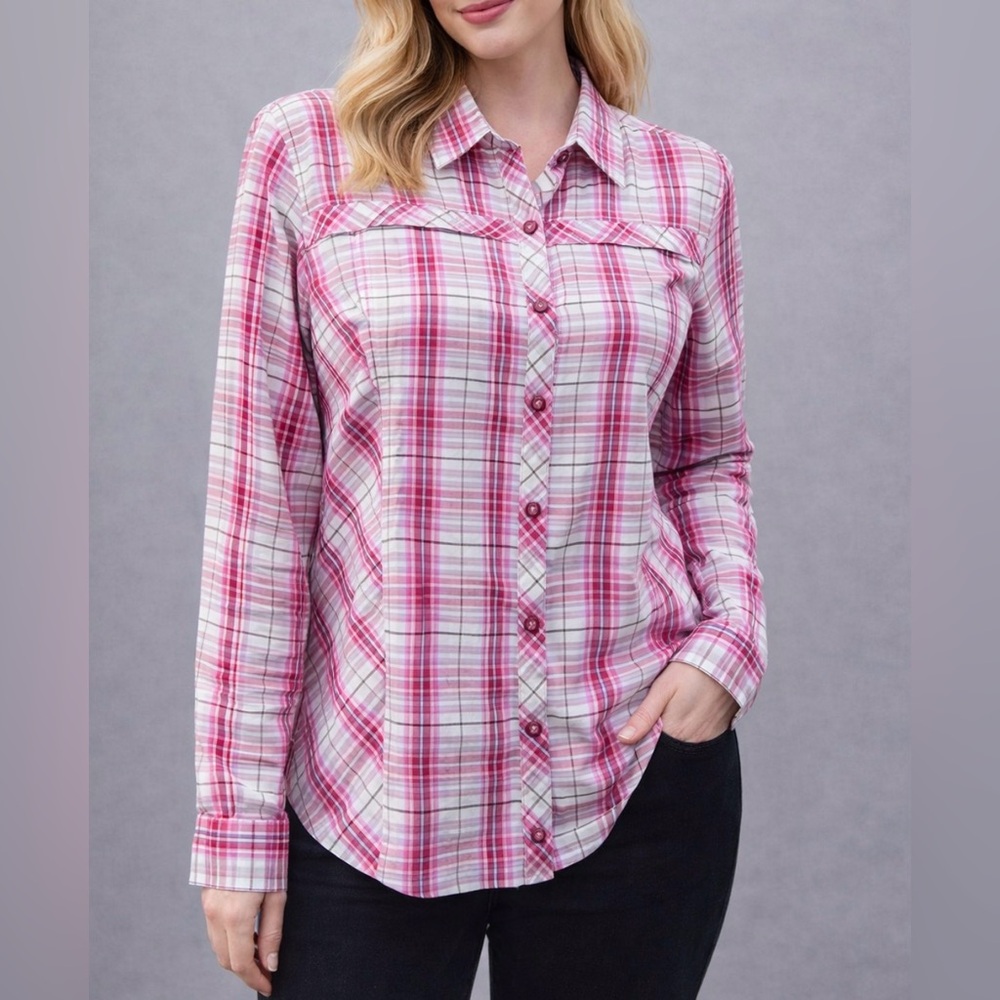 Columbia Raspberry & Cream Plaid LS Hidden Pocket Button Up Women Shirt Large